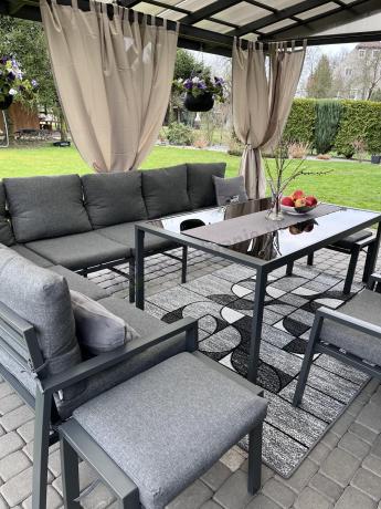 Duży narożnik ogrodowy metalowy 294x184cm Sodor Corner XXL z 2 fotelami, 2 pufami i stołem 160cm - Dark Grey