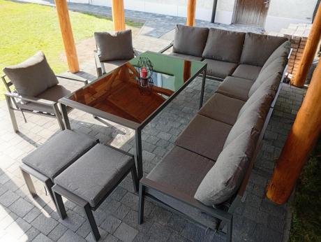 Duży narożnik ogrodowy metalowy 294x184cm Sodor Corner XXL z 2 fotelami, 2 pufami i stołem 160cm - Dark Grey
