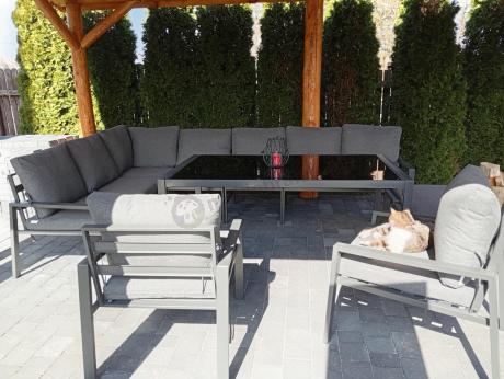 Duży narożnik ogrodowy metalowy 294x184cm Sodor Corner XXL z 2 fotelami, 2 pufami i stołem 160cm - Dark Grey