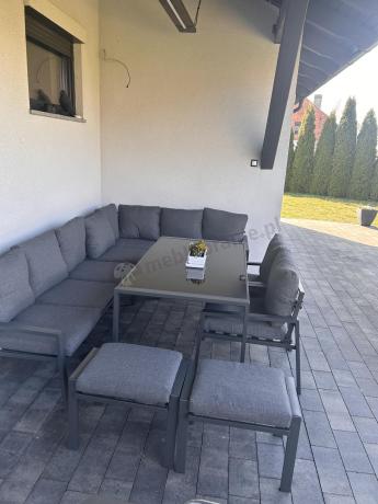 Duży narożnik ogrodowy metalowy 294x184cm Sodor Corner XXL z 2 fotelami, 2 pufami i stołem 160cm - Dark Grey