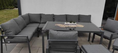 Duży narożnik ogrodowy metalowy 294x184cm Sodor Corner XXL z 2 fotelami, 2 pufami i stołem 160cm - Dark Grey