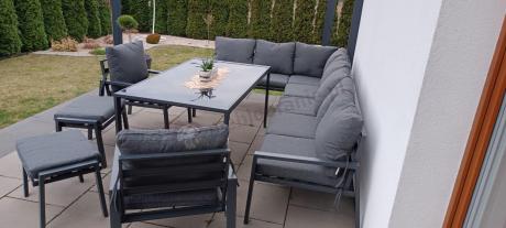 Duży narożnik ogrodowy metalowy 294x184cm Sodor Corner XXL z 2 fotelami, 2 pufami i stołem 160cm - Dark Grey
