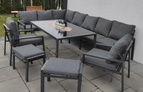 Duży narożnik ogrodowy metalowy 294x184cm Sodor Corner XXL z 2 fotelami, 2 pufami i stołem 160cm - Dark Grey