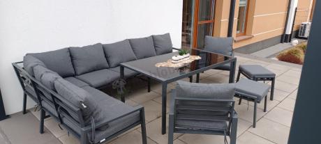Duży narożnik ogrodowy metalowy 294x184cm Sodor Corner XXL z 2 fotelami, 2 pufami i stołem 160cm - Dark Grey