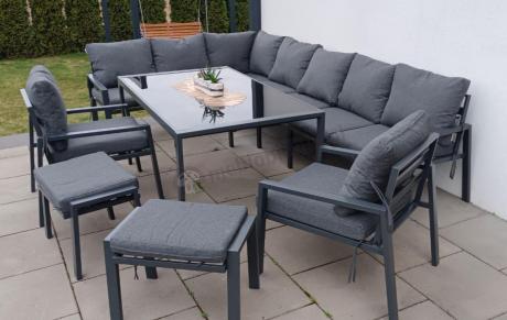 Duży narożnik ogrodowy metalowy 294x184cm Sodor Corner XXL z 2 fotelami, 2 pufami i stołem 160cm - Dark Grey