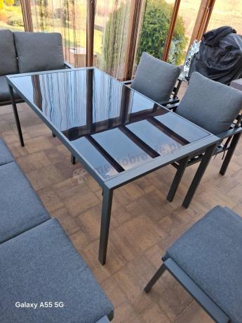 Duży narożnik ogrodowy metalowy 294x184cm Sodor Corner XXL z 2 fotelami, 2 pufami i stołem 160cm - Dark Grey