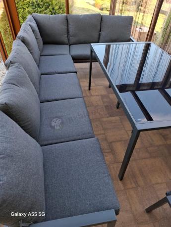 Duży narożnik ogrodowy metalowy 294x184cm Sodor Corner XXL z 2 fotelami, 2 pufami i stołem 160cm - Dark Grey