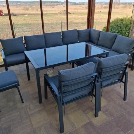 Duży narożnik ogrodowy metalowy 294x184cm Sodor Corner XXL z 2 fotelami, 2 pufami i stołem 160cm - Dark Grey
