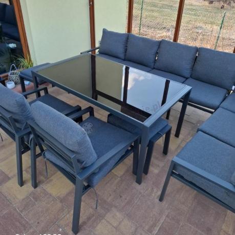 Duży narożnik ogrodowy metalowy 294x184cm Sodor Corner XXL z 2 fotelami, 2 pufami i stołem 160cm - Dark Grey