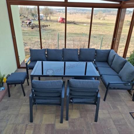 Duży narożnik ogrodowy metalowy 294x184cm Sodor Corner XXL z 2 fotelami, 2 pufami i stołem 160cm - Dark Grey