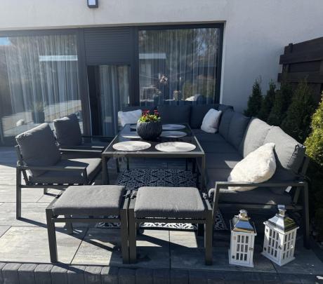 Duży narożnik ogrodowy metalowy 294x184cm Sodor Corner XXL z 2 fotelami, 2 pufami i stołem 160cm - Dark Grey