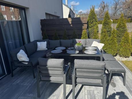 Duży narożnik ogrodowy metalowy 294x184cm Sodor Corner XXL z 2 fotelami, 2 pufami i stołem 160cm - Dark Grey