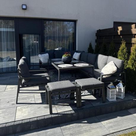 Duży narożnik ogrodowy metalowy 294x184cm Sodor Corner XXL z 2 fotelami, 2 pufami i stołem 160cm - Dark Grey