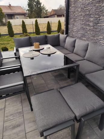 Duży narożnik ogrodowy metalowy 294x184cm Sodor Corner XXL z 2 fotelami, 2 pufami i stołem 160cm - Dark Grey