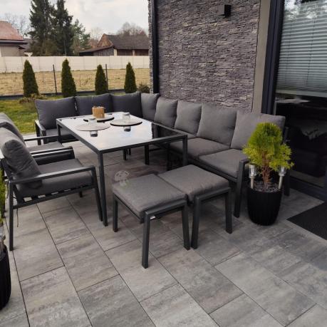 Duży narożnik ogrodowy metalowy 294x184cm Sodor Corner XXL z 2 fotelami, 2 pufami i stołem 160cm - Dark Grey