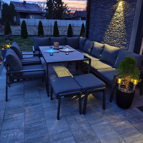 Duży narożnik ogrodowy metalowy 294x184cm Sodor Corner XXL z 2 fotelami, 2 pufami i stołem 160cm - Dark Grey