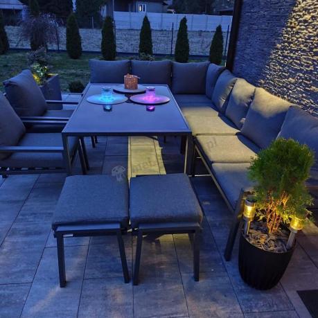 Duży narożnik ogrodowy metalowy 294x184cm Sodor Corner XXL z 2 fotelami, 2 pufami i stołem 160cm - Dark Grey