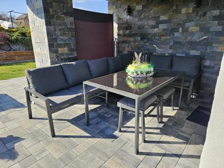 Duży narożnik ogrodowy metalowy 294x184cm Sodor Corner XXL z 2 fotelami, 2 pufami i stołem 160cm - Dark Grey
