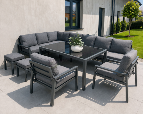 Duży narożnik ogrodowy metalowy 294x184cm Sodor Corner XXL z 2 fotelami, 2 pufami i stołem 160cm - Dark Grey