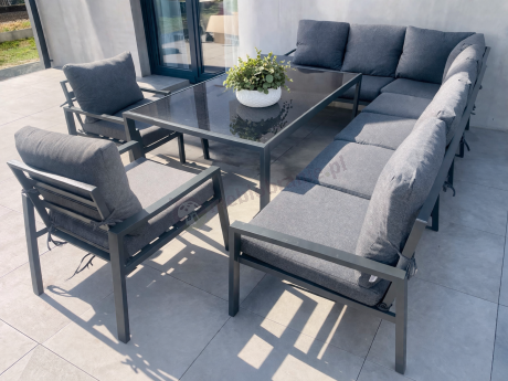 Duży narożnik ogrodowy metalowy 294x184cm Sodor Corner XXL z 2 fotelami, 2 pufami i stołem 160cm - Dark Grey