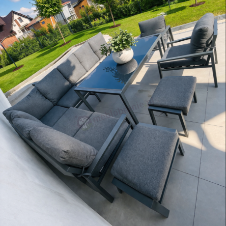 Duży narożnik ogrodowy metalowy 294x184cm Sodor Corner XXL z 2 fotelami, 2 pufami i stołem 160cm - Dark Grey