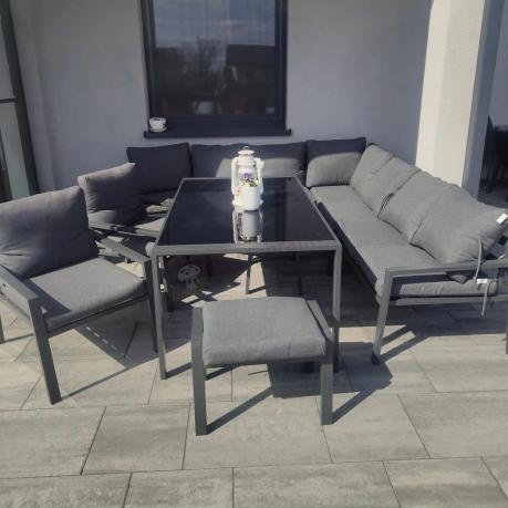 Duży narożnik ogrodowy metalowy 294x184cm Sodor Corner XXL z 2 fotelami, 2 pufami i stołem 160cm - Dark Grey