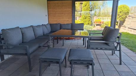 Duży narożnik ogrodowy metalowy 294x184cm Sodor Corner XXL z 2 fotelami, 2 pufami i stołem 160cm - Dark Grey