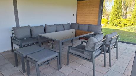Duży narożnik ogrodowy metalowy 294x184cm Sodor Corner XXL z 2 fotelami, 2 pufami i stołem 160cm - Dark Grey