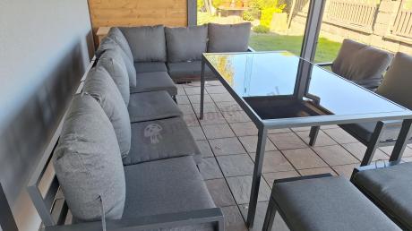 Duży narożnik ogrodowy metalowy 294x184cm Sodor Corner XXL z 2 fotelami, 2 pufami i stołem 160cm - Dark Grey