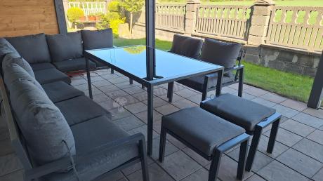 Duży narożnik ogrodowy metalowy 294x184cm Sodor Corner XXL z 2 fotelami, 2 pufami i stołem 160cm - Dark Grey