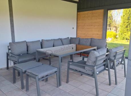 Duży narożnik ogrodowy metalowy 294x184cm Sodor Corner XXL z 2 fotelami, 2 pufami i stołem 160cm - Dark Grey