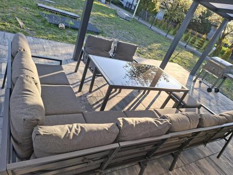 Duży narożnik ogrodowy metalowy 294x184cm Sodor Corner XXL z 2 fotelami, 2 pufami i stołem 160cm - Dark Grey