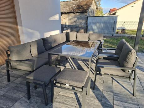 Duży narożnik ogrodowy metalowy 294x184cm Sodor Corner XXL z 2 fotelami, 2 pufami i stołem 160cm - Dark Grey