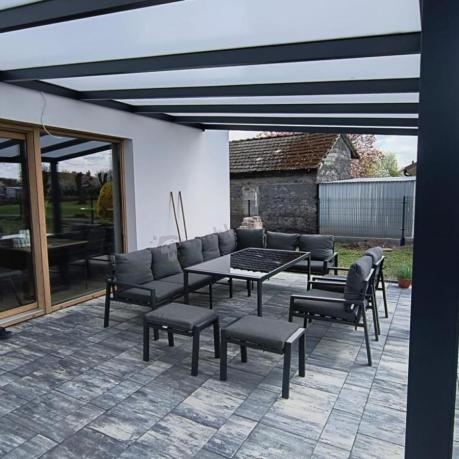 Duży narożnik ogrodowy metalowy 294x184cm Sodor Corner XXL z 2 fotelami, 2 pufami i stołem 160cm - Dark Grey