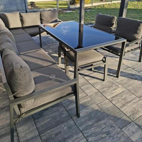 Duży narożnik ogrodowy metalowy 294x184cm Sodor Corner XXL z 2 fotelami, 2 pufami i stołem 160cm - Dark Grey