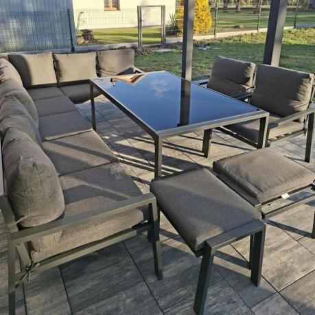 Duży narożnik ogrodowy metalowy 294x184cm Sodor Corner XXL z 2 fotelami, 2 pufami i stołem 160cm - Dark Grey