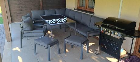 Duży narożnik ogrodowy metalowy 294x184cm Sodor Corner XXL z 2 fotelami, 2 pufami i stołem 160cm - Dark Grey