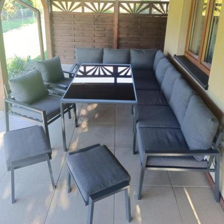 Duży narożnik ogrodowy metalowy 294x184cm Sodor Corner XXL z 2 fotelami, 2 pufami i stołem 160cm - Dark Grey