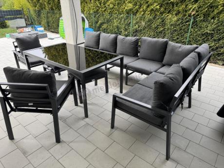 Duży narożnik ogrodowy metalowy 294x184cm Sodor Corner XXL z 2 fotelami, 2 pufami i stołem 160cm - Dark Grey