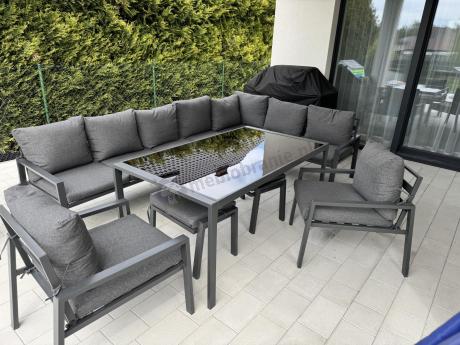 Duży narożnik ogrodowy metalowy 294x184cm Sodor Corner XXL z 2 fotelami, 2 pufami i stołem 160cm - Dark Grey