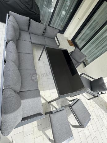Duży narożnik ogrodowy metalowy 294x184cm Sodor Corner XXL z 2 fotelami, 2 pufami i stołem 160cm - Dark Grey