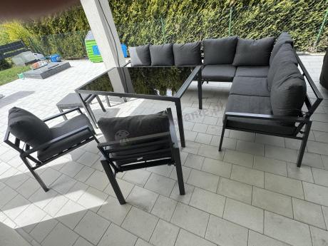 Duży narożnik ogrodowy metalowy 294x184cm Sodor Corner XXL z 2 fotelami, 2 pufami i stołem 160cm - Dark Grey