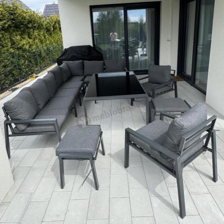 Duży narożnik ogrodowy metalowy 294x184cm Sodor Corner XXL z 2 fotelami, 2 pufami i stołem 160cm - Dark Grey
