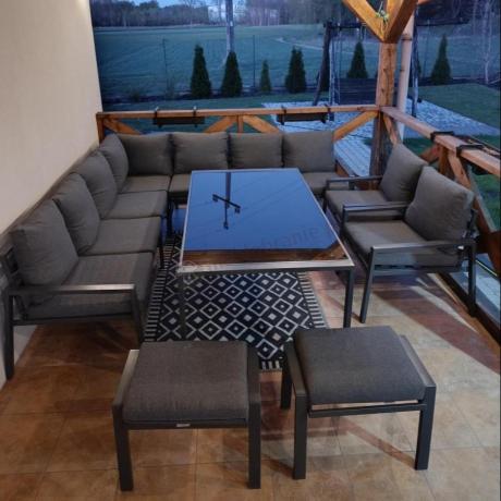 Duży narożnik ogrodowy metalowy 294x184cm Sodor Corner XXL z 2 fotelami, 2 pufami i stołem 160cm - Dark Grey