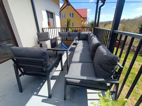 Duży narożnik ogrodowy metalowy 294x184cm Sodor Corner XXL z 2 fotelami, 2 pufami i stołem 160cm - Dark Grey