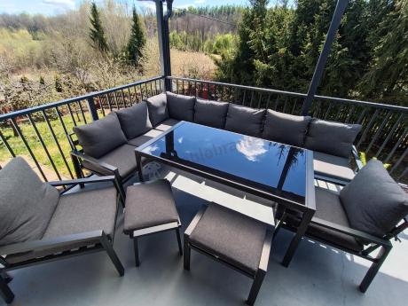 Duży narożnik ogrodowy metalowy 294x184cm Sodor Corner XXL z 2 fotelami, 2 pufami i stołem 160cm - Dark Grey