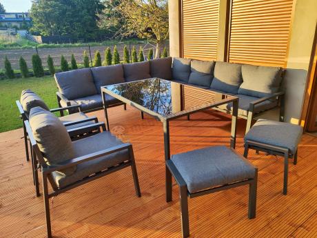 Duży narożnik ogrodowy metalowy 294x184cm Sodor Corner XXL z 2 fotelami, 2 pufami i stołem 160cm - Dark Grey