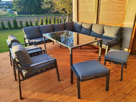 Duży narożnik ogrodowy metalowy 294x184cm Sodor Corner XXL z 2 fotelami, 2 pufami i stołem 160cm - Dark Grey