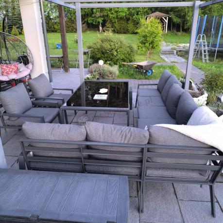 Duży narożnik ogrodowy metalowy 294x184cm Sodor Corner XXL z 2 fotelami, 2 pufami i stołem 160cm - Dark Grey