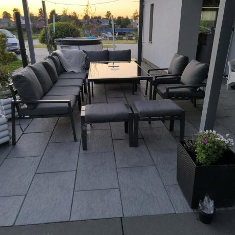 Duży narożnik ogrodowy metalowy 294x184cm Sodor Corner XXL z 2 fotelami, 2 pufami i stołem 160cm - Dark Grey